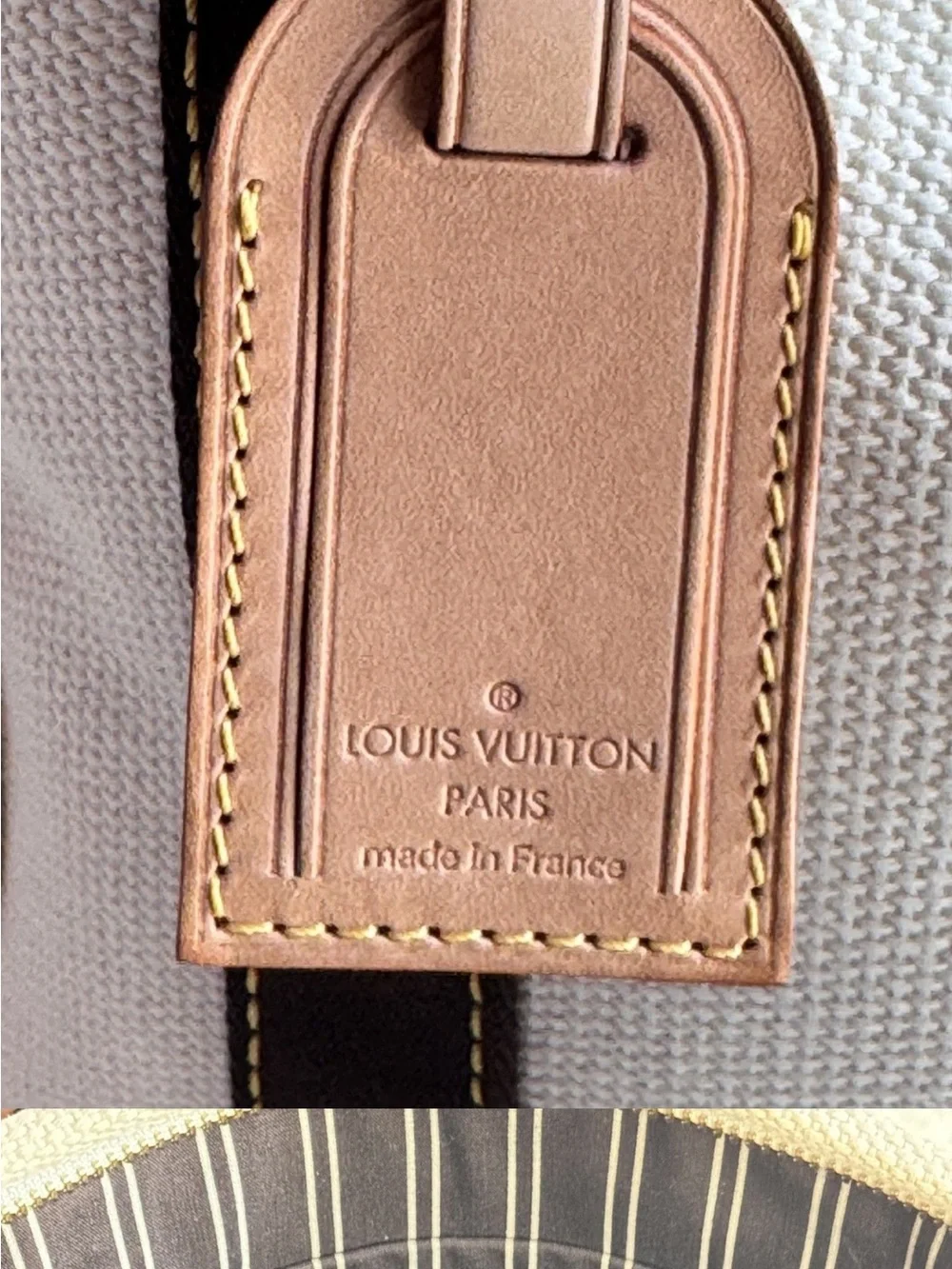 Authentic Louis Vuitton tote in brown leather trim and silver stud w/luggage tag